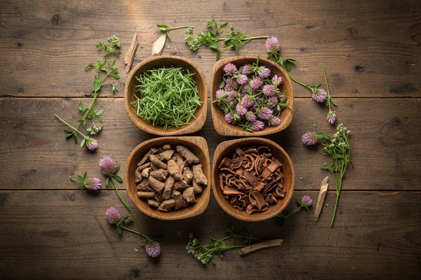 detailed 4k image of a proffesional photo shoot of herbs like cleavers red clover stillingia root and prickly ash bark in bowls with extras aeound top down veiw on and old traditional table